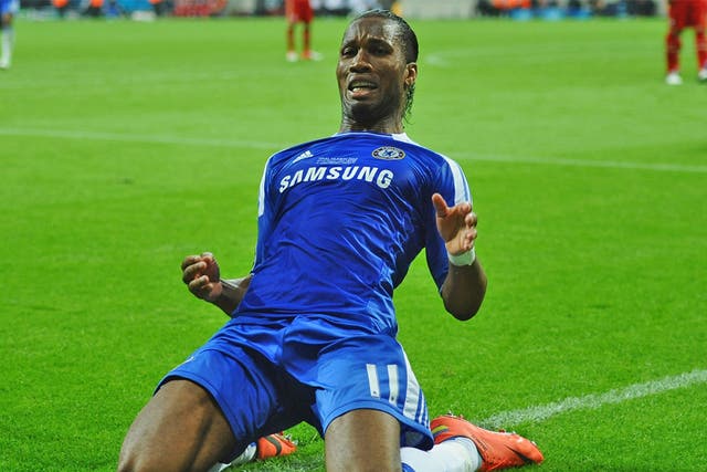 Drogba celebrates scoring Chelsea's crucial equaliser during Saturday's Champions League final