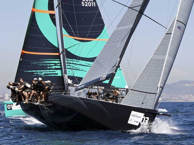 Niklas Zennström’s Rán leads the American boat Quantum around the top mark at the Trofeo Conde de Godo in Barcelona