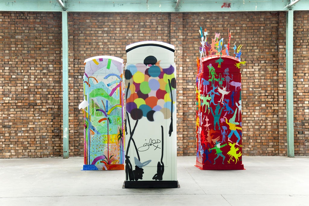 These booths are made for talking about: ArtBoxes from designers (from left) Andrew Hewkin, Giles Deacon and Steven Gregory