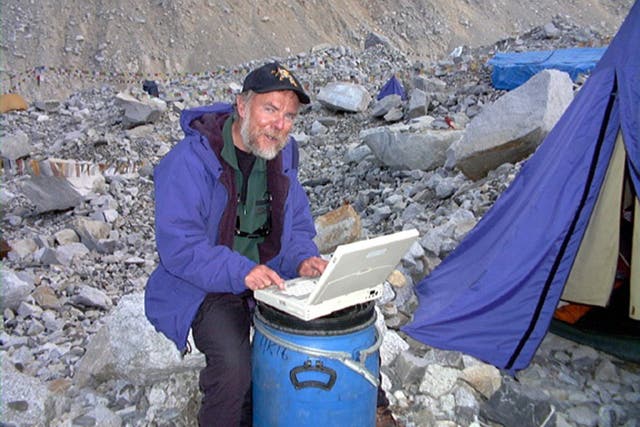 Stephen Goodwin prepares a report for The Independent during
his unsuccessful 1998 attempt to reach the summit of Everest