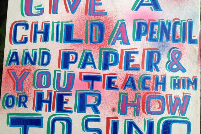 Patrick Brill (better known as Bob and Roberta Smith):
<br />I will be selling slogans advocating art to the Government, things like 'Art Makes Children Powerful'. I wrote a letter to Michael Gove, the Education Secretary, telling him what he was doing to