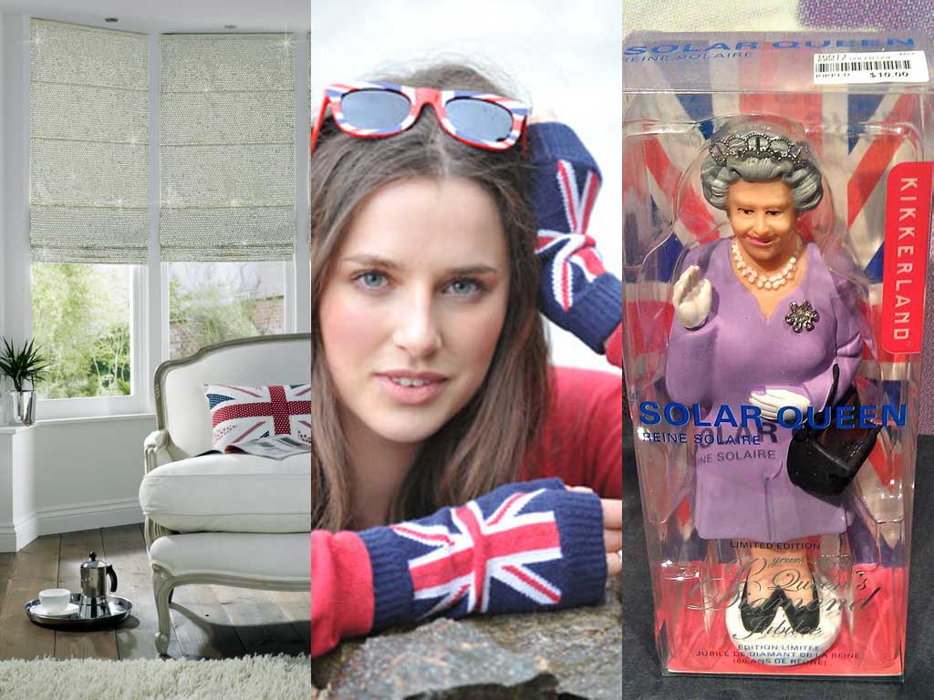 Jubilee souvenirs: Limited edition window blinds with more than 600 diamante crystals for £600 each; Cashmere union jack wrist warmers; Solar-powered waving queen