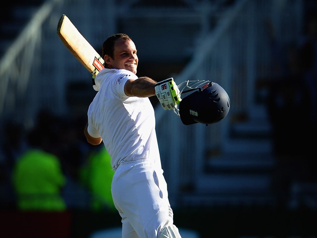 Strauss celebrates his 21st century during the Investec test match against the West Indies