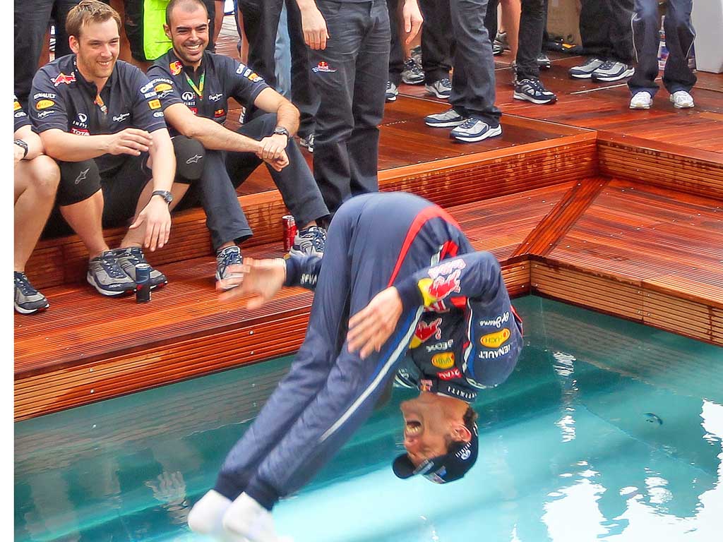 Mark Webber splashes out after his hard-fought victory in Monte Carlo