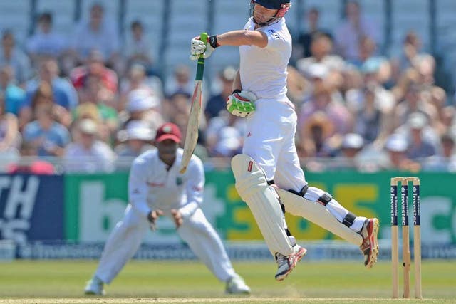 Jonny Bairstow tries to avoid one of the short balls from Kemar
Roach which led to his dismissal