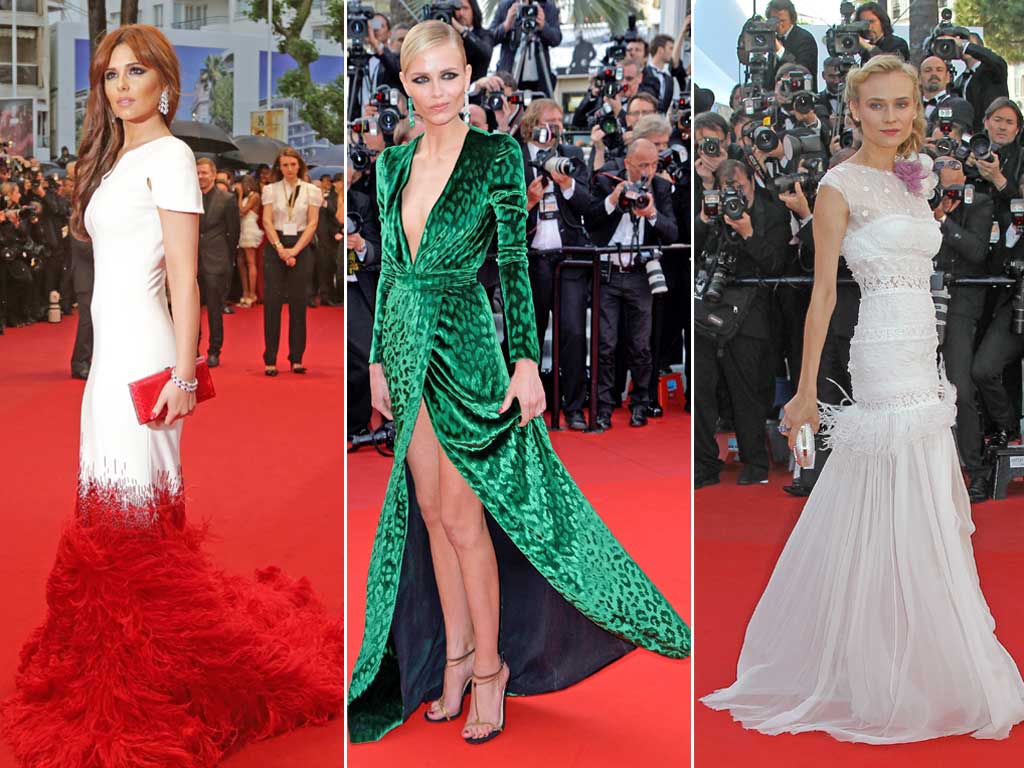 From left: Cheryl Cole wearing Stephane Rolland, Natasha Poly wearing Gucci and Diane Kruger wearing Nina Ricci