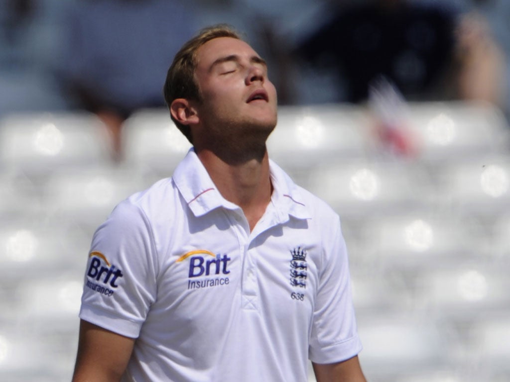 Stuart Broad reacts to a missed chance at Trent Bridge yesterday