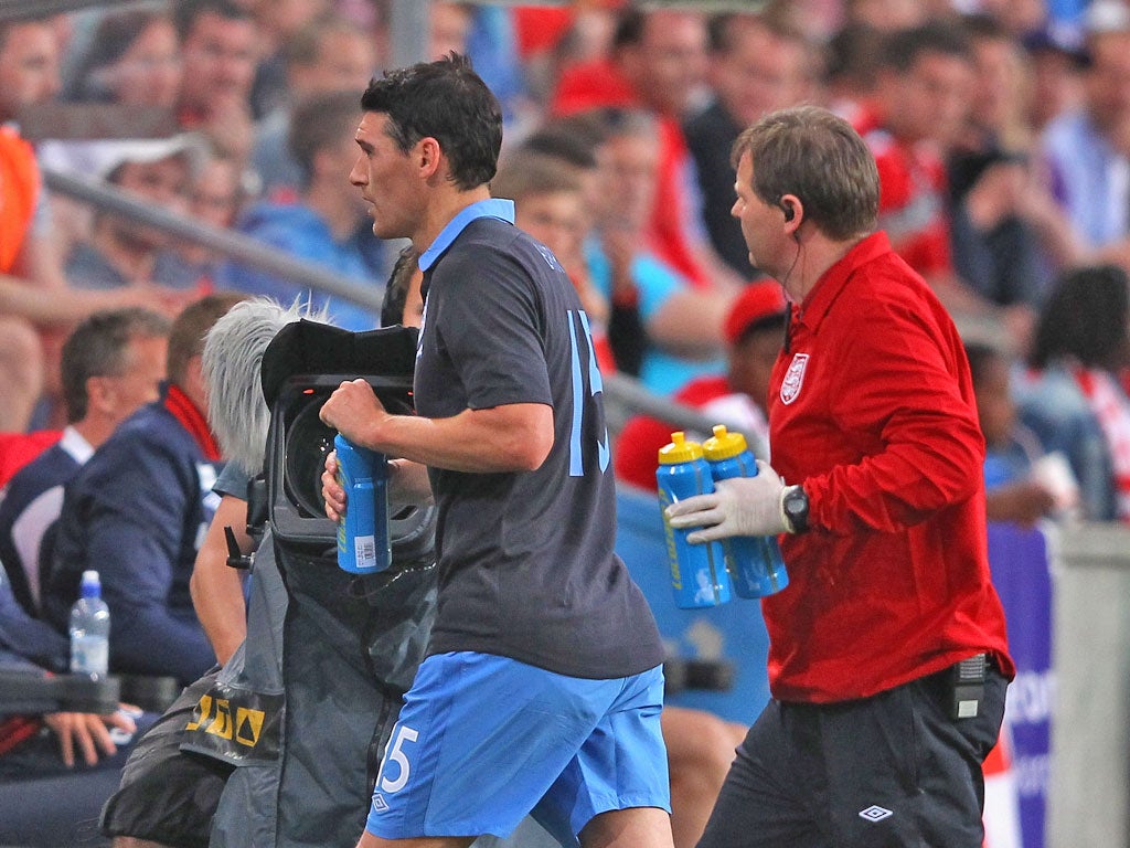 Gareth Barry suffered a stomach injury against Norway on Saturday