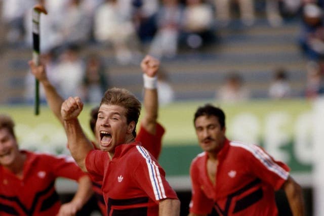 Steve Batchelor celebrates Great Britain's win over West Germany