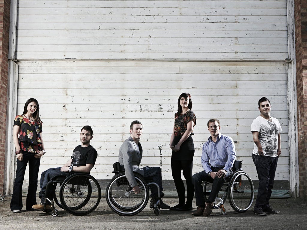 From left to right: Daraine Mulvihill: The runner got
meningitis at 16 and had a double below-the-knee amputation. She will host the breakfast show; Liam Holt: Coach/captain of the Cardiff Celts wheelchair basketball
team, he lost use of his legs due to a neuroblastoma on
his spine as a baby; Martin Dougan: A Glaswegian, born
with cerebral palsy, reported on the Paralympic World
Cup and wheelchair rugby world cup in Cardiff; Rachel Latham: A world record holding swimmer, competed despite a career-ending injury in Beijing in 2008. Has limited
use of her left arm; Arthur Williams: A ferocious wheelchair
racer and former marine, paralysed from the 'belly button down' after a car accident in 2007; Alex Brooker: A sports journalist with the Press Association. Has a hand and arm
deformity and a prosthesis below his right knee