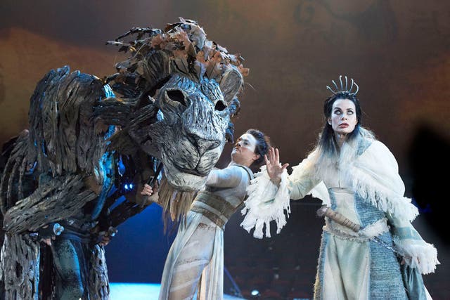 A recent theatre production of The Lion The Witch and The Wardrobe by C.S Lewis adapted by Rupert Goold. Sally Dexter as The White Witch, Jane Leaney as Aslan's Head. 