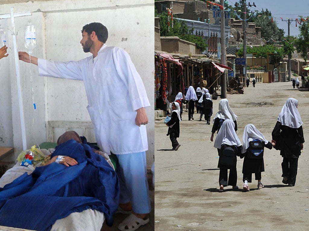 Afghan girls receive treatment in Takhar (left). Schoolchildren, (on the right, pictured going to school), have been targeted by insurgents