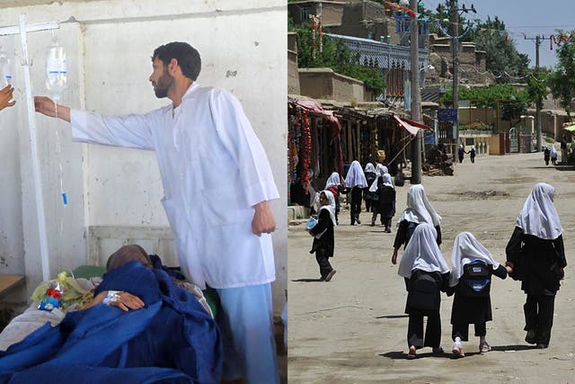 Afghan girls receive treatment in Takhar (left). Schoolchildren, (on the right, pictured going to school), have been targeted by insurgents