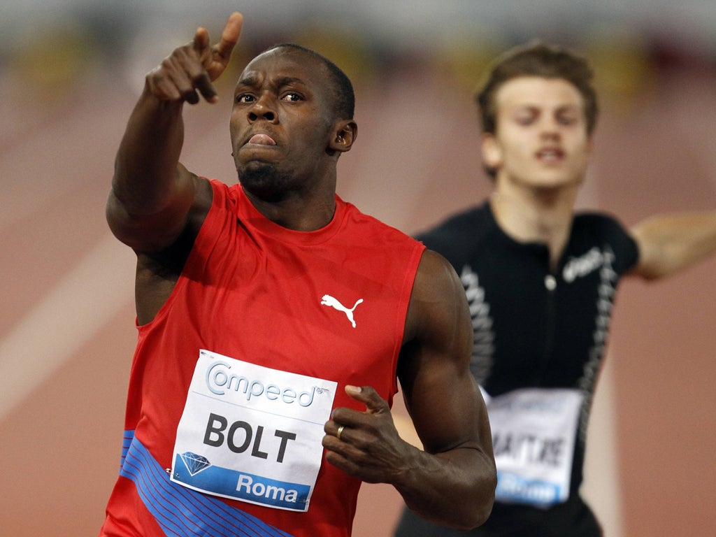 Usain Bolt points the way to victory in Rome last night