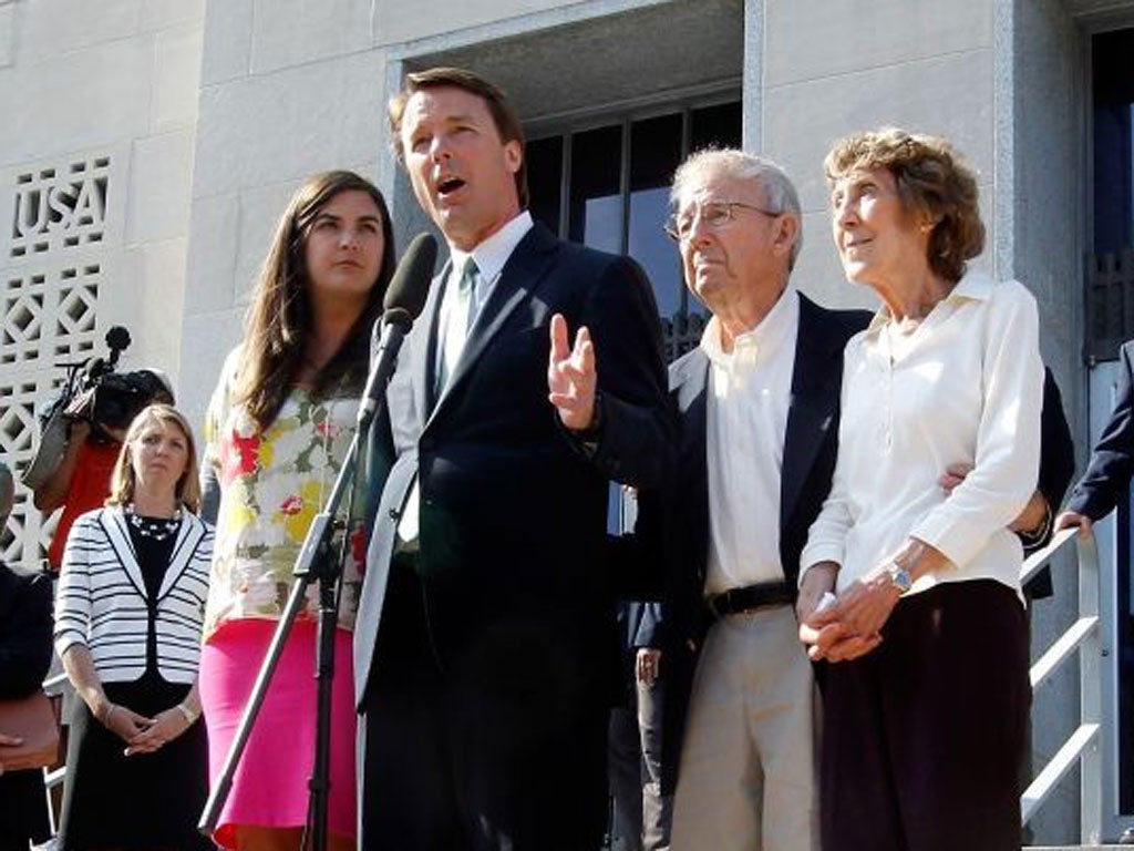 John Edwards, with his daughter Cate and father, Wallace, outside court after he was acquitted of corruption charges