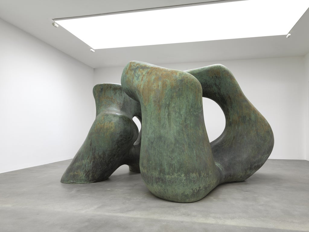 Large Two Forms , 1966, is on loan from Yorkshire Sculpture Park, where it has been worn by the rain, and by generations of children climbing through it