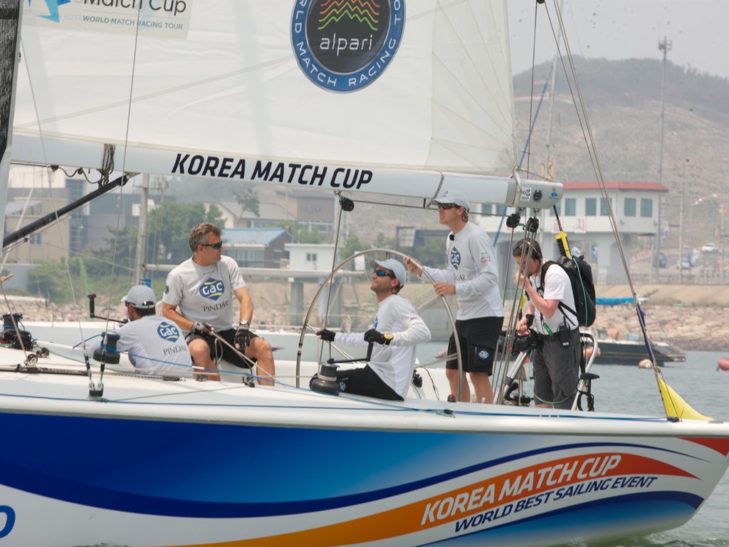 Ian Williams, at the helm, but his GAC Pindar team was pipped into second at the Korean Match Race Cup