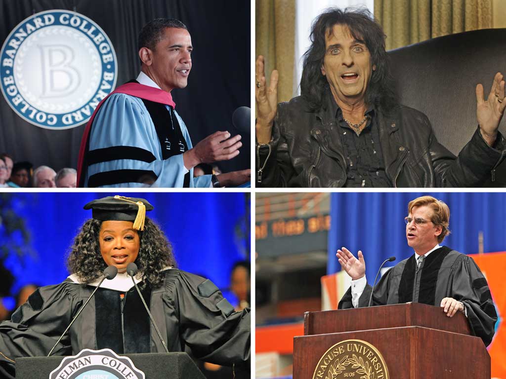 Famous faces give graduating students stirring send offs in the US. Clockwise from top left: Barack Obama; Alice Cooper; Aaron Sorkin; and Oprah Winfrey