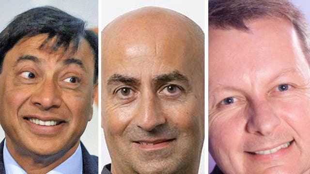 Corporate carriers of the torch: (from left) Britain's tycoon Lakshmi Mittal, the deal-maker Christos Angelides, and the other man from Samsung Andy Griffiths