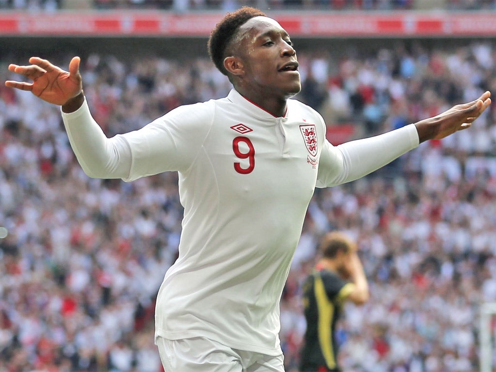Danny Welbeck celebrates scoring his first England goal – a lovely dink against Belgium at Wembley last Saturday