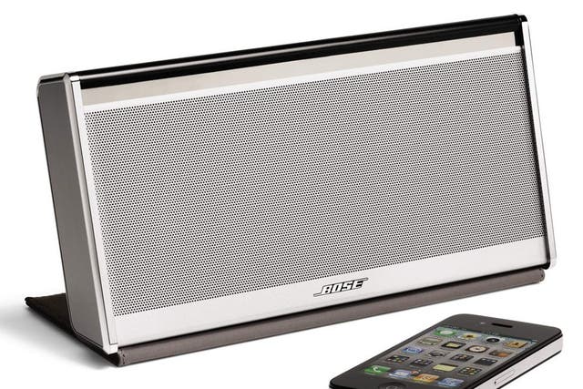 1. Bose Sound Link Mobile

<p><a href="http://www.amazon.co.uk/gp/product/B00CL6HHUW/ref=as_li_ss_tl?ie=UTF8&camp=1634&creative=19450&creativeASIN=B00CL6HHUW&linkCode=as2&tag=independen057-21 "target="_blank">£300, amazon</a>

<p>Requiring a power supply, this one won't fare well if it rains or if you are in a park. But it packs a punch in terms of volume and bass.</p>