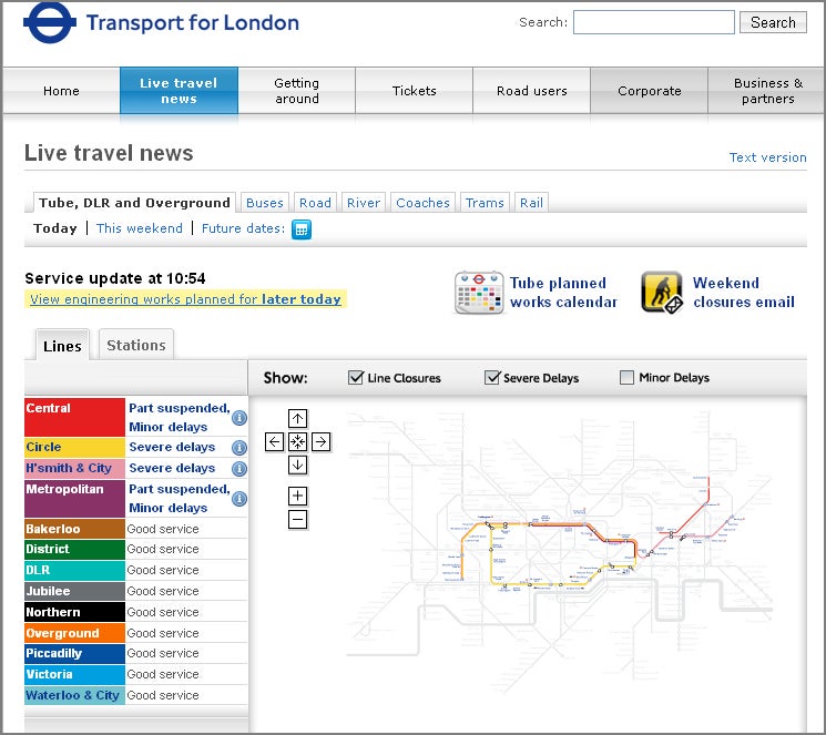 Live travel news on the TFL site at 11am today