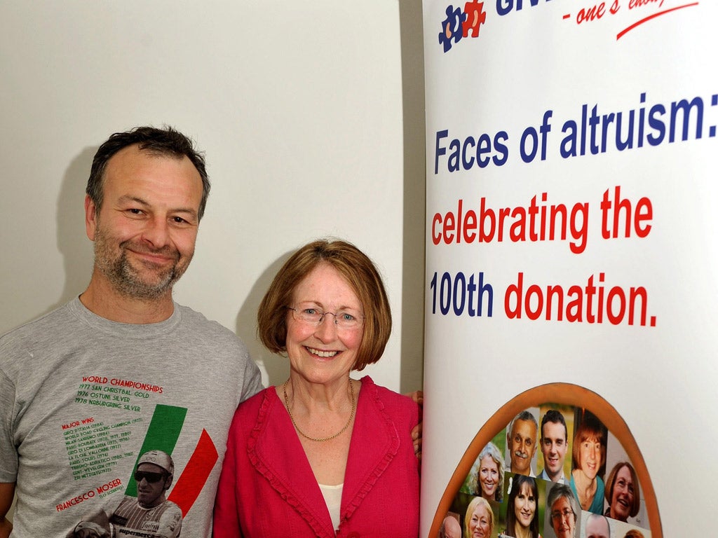 Johan Stegers, 49, from east Sussex with Kay Mason, 68, from Hertfordshire, who are the 100th and 1st altruistic Kidney donors