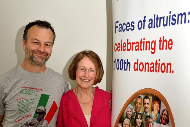 Johan Stegers, 49, from east Sussex with Kay Mason, 68, from Hertfordshire, who are the 100th and 1st altruistic Kidney donors
