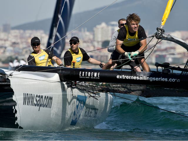 Jens Gram-Hansen (second from left) at the helm of SAP in the Extreme Sailing Series off Istanbul