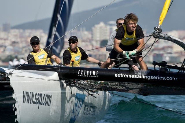 Jens Gram-Hansen (second from left) at the helm of SAP in the Extreme Sailing Series off Istanbul