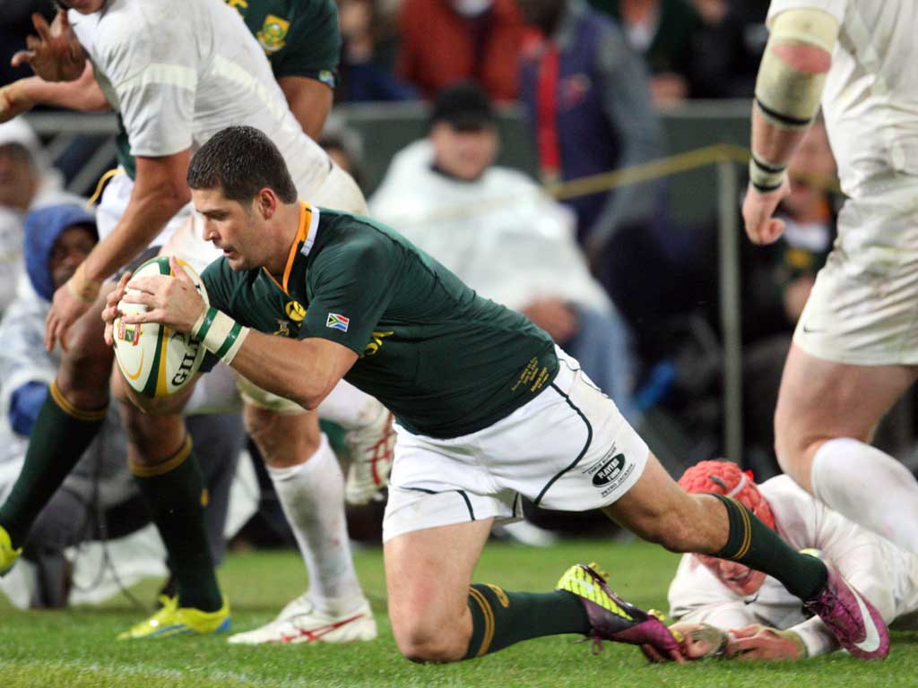 Try this: Morne Steyn scores the first try for South Africa against England at Kings Park