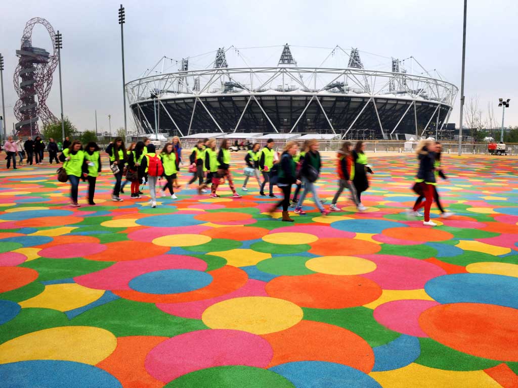 The run-up: Spectators arrive for a hockey test event at the Olympic Park, Stratford
