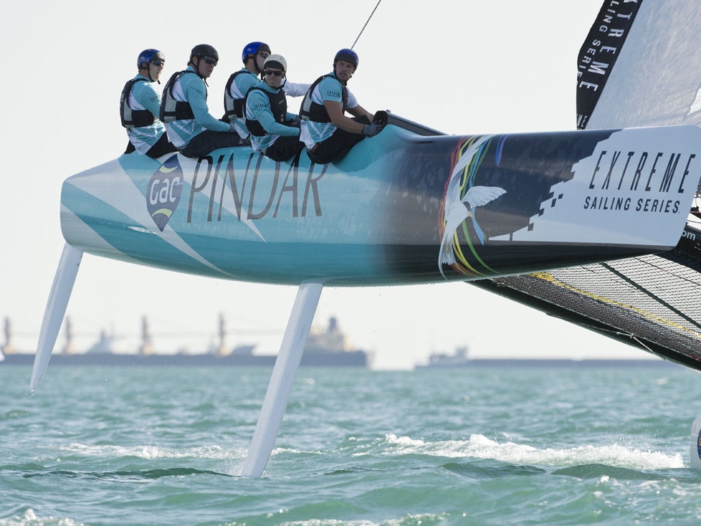 Ian Williams, extreme left, skippers Team GAC Pindar in the Extreme Sailing Series off Istanbul