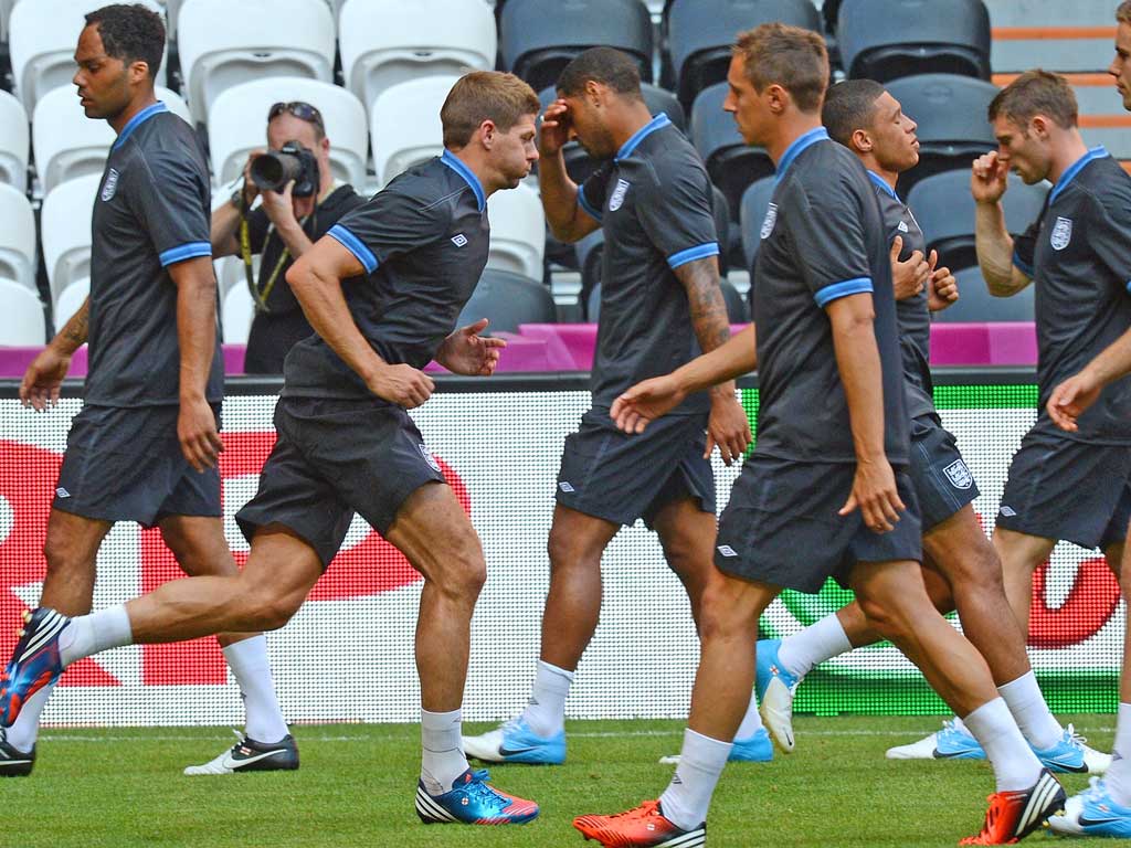 Steven Gerrard puts in the effort during England training
yesterday