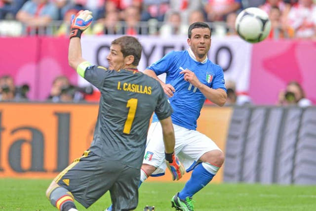 Antonio Di Natale beats Spain keeper Iker Casillas to put Italy ahead after an hour in Gdansk