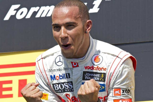 Lewis Hamilton celebrates his most recent win at the Canadian Grand Prix earlier this year