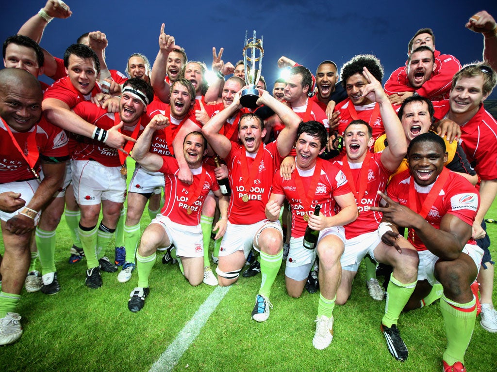 30 May 2012 London Welsh celebrate beating Cornish Pirates 66-41 on aggregate in the Championship playoff.