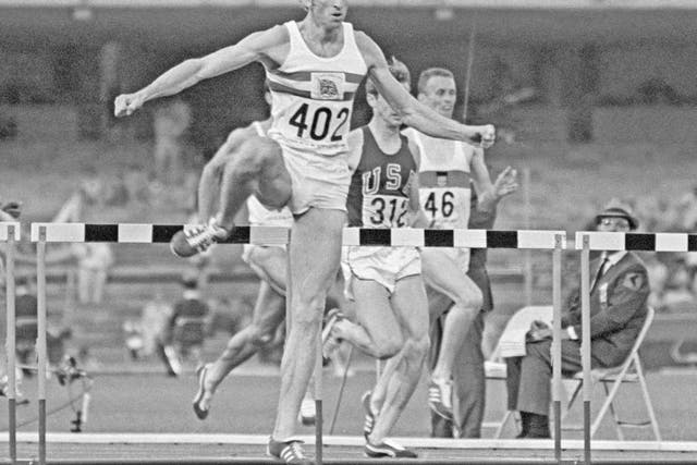 David Hemery on his way to victory in the 400m hurdles at the 1968 Games in Mexico