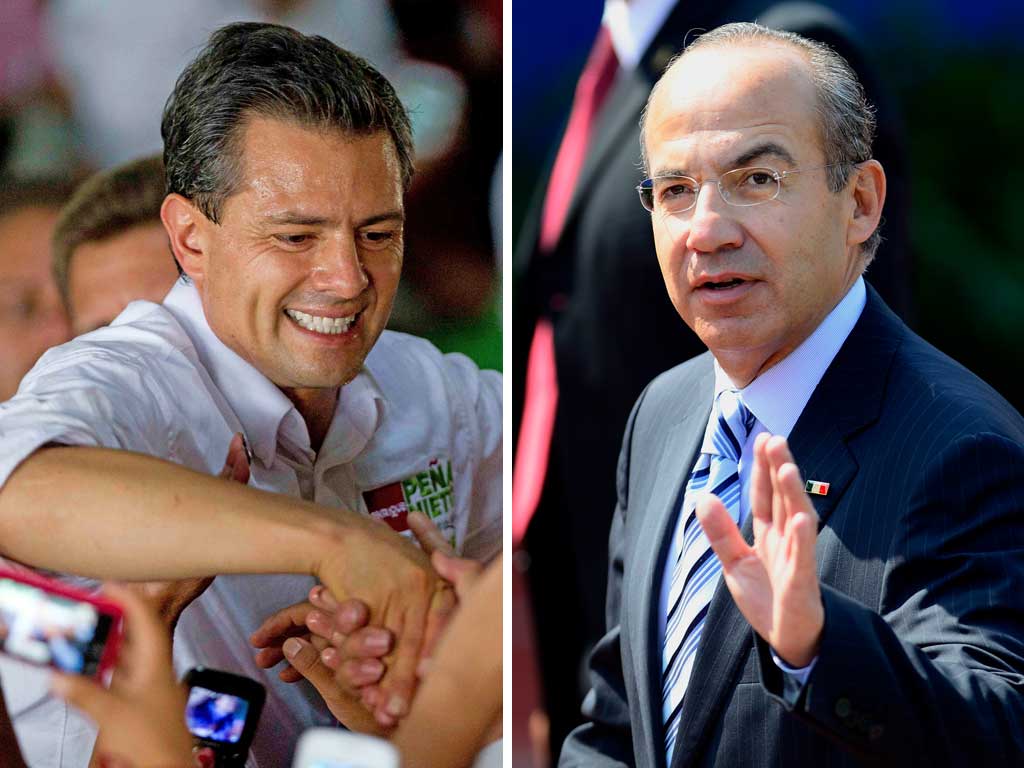 Enrique Pena Nieto, left, has said he would shift focus away from Felipe Calderon’s war on drugs