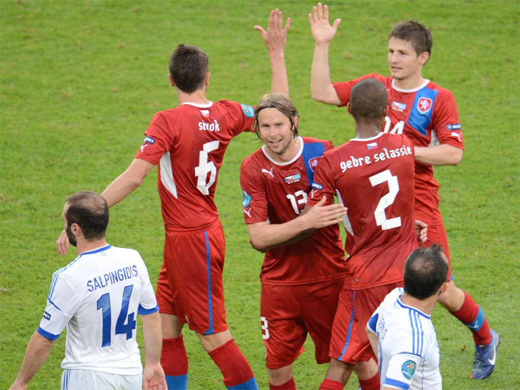 The Czech players celebrate their 2-1 victory