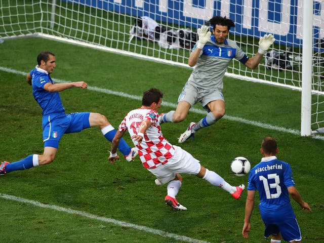 Mario Mandzukic of Croatia scores the opening goal past Gianluigi Buffon of Italy