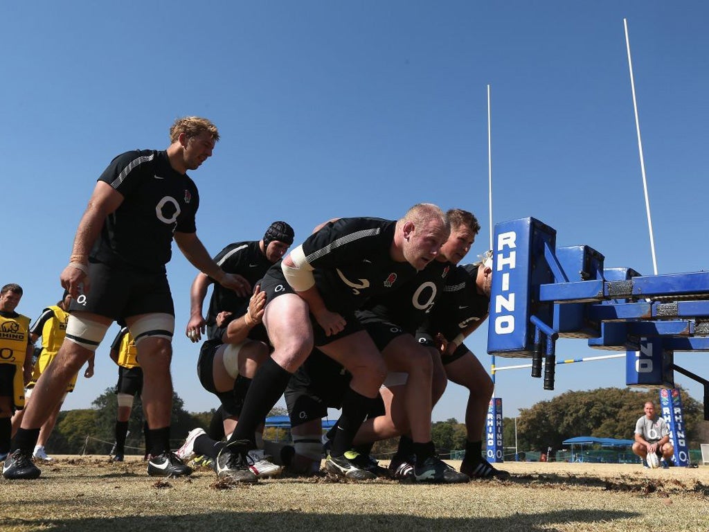 England's front row, with Dan Cole to the fore, practise their scrummaging yesterday in Sandton near Johannesburg