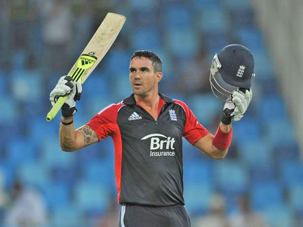 Kevin Pietersen celebrates hitting a century against Pakistan back in February