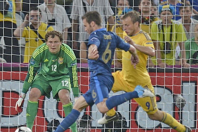 French midfielder Yohan Cabaye (L) scores past Ukrainian goalkeeper Maxym Kova