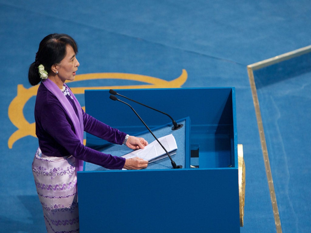 Nobel Laureate Aung San Suu Kyi speaking during the Nobel lecture at Oslo City Hall