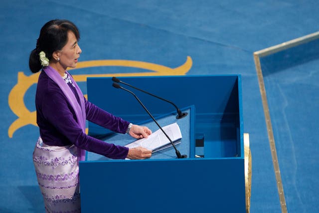 Nobel Laureate Aung San Suu Kyi speaking during the Nobel lecture at Oslo City Hall