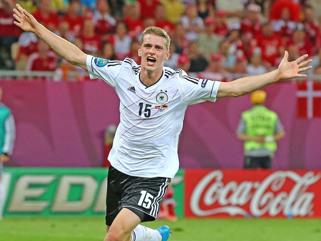 Lars Bender of Germany celebrates scoring their second goal during against Denmark