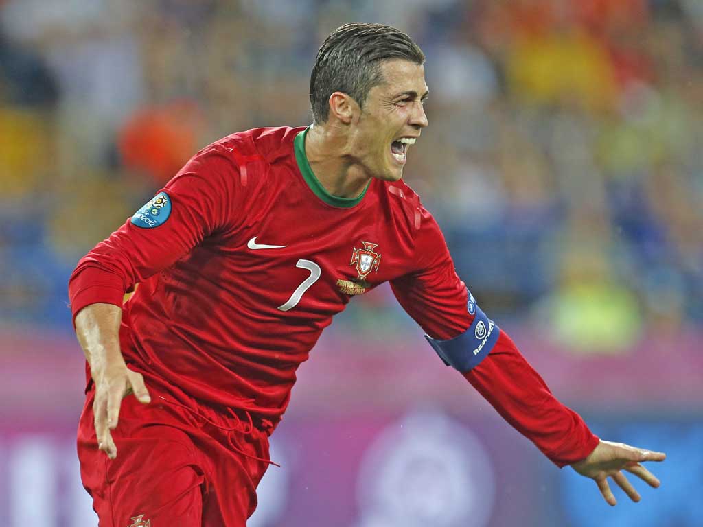 Cristiano Ronaldo celebrates scoring Portugal's second goal against Netherlands