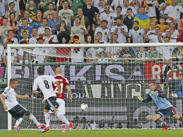 Lukas Podolski smashes home Germany’s first goal last night