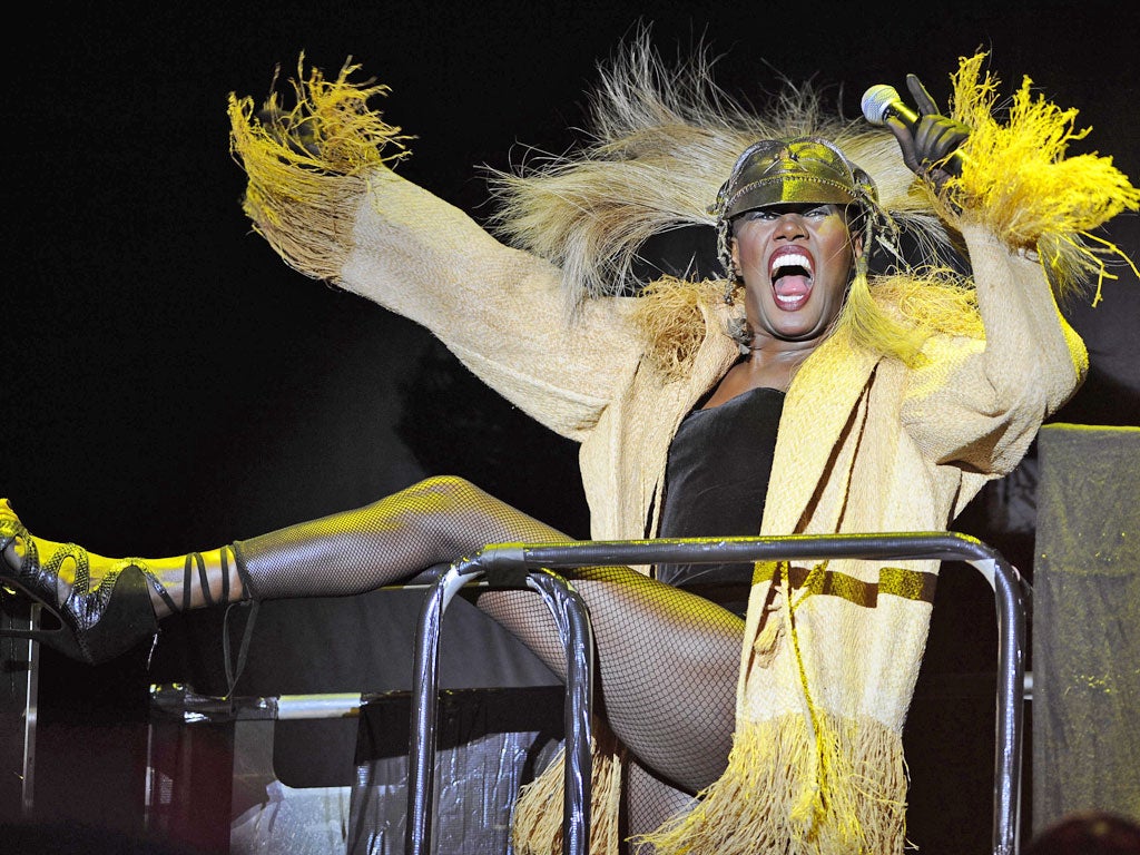 Grace Jones displayed her flexibility (physically and vocally) as she dry-humped the stage wearing a Lion King-inspired grass mane and matching tasselled, sand-coloured coat